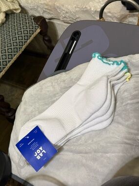 JoyLab White Ankle Socks with Teal and Yellow Ruffled Trim - 2 Pack